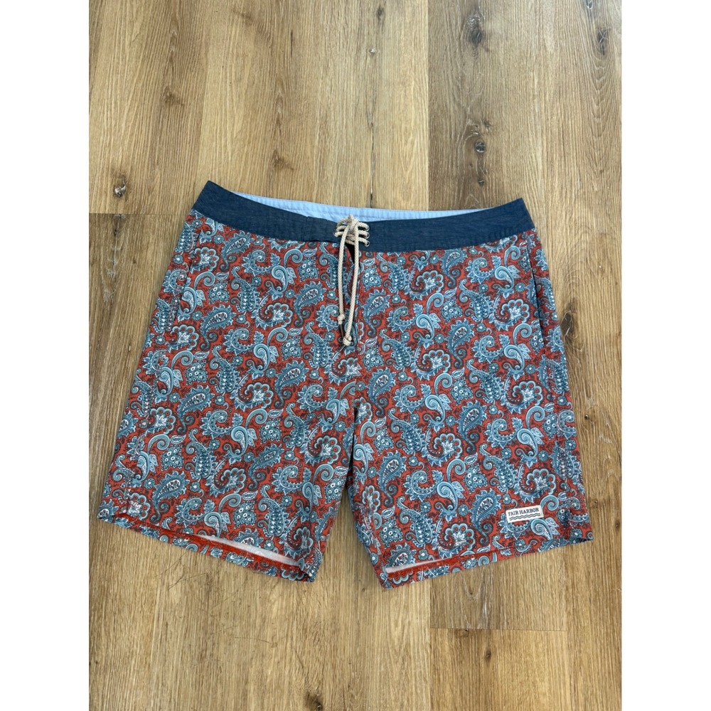 Fair Harbor‎ Paisley Board Shorts Mens 38 Red Blue Stretch Swim Trunks